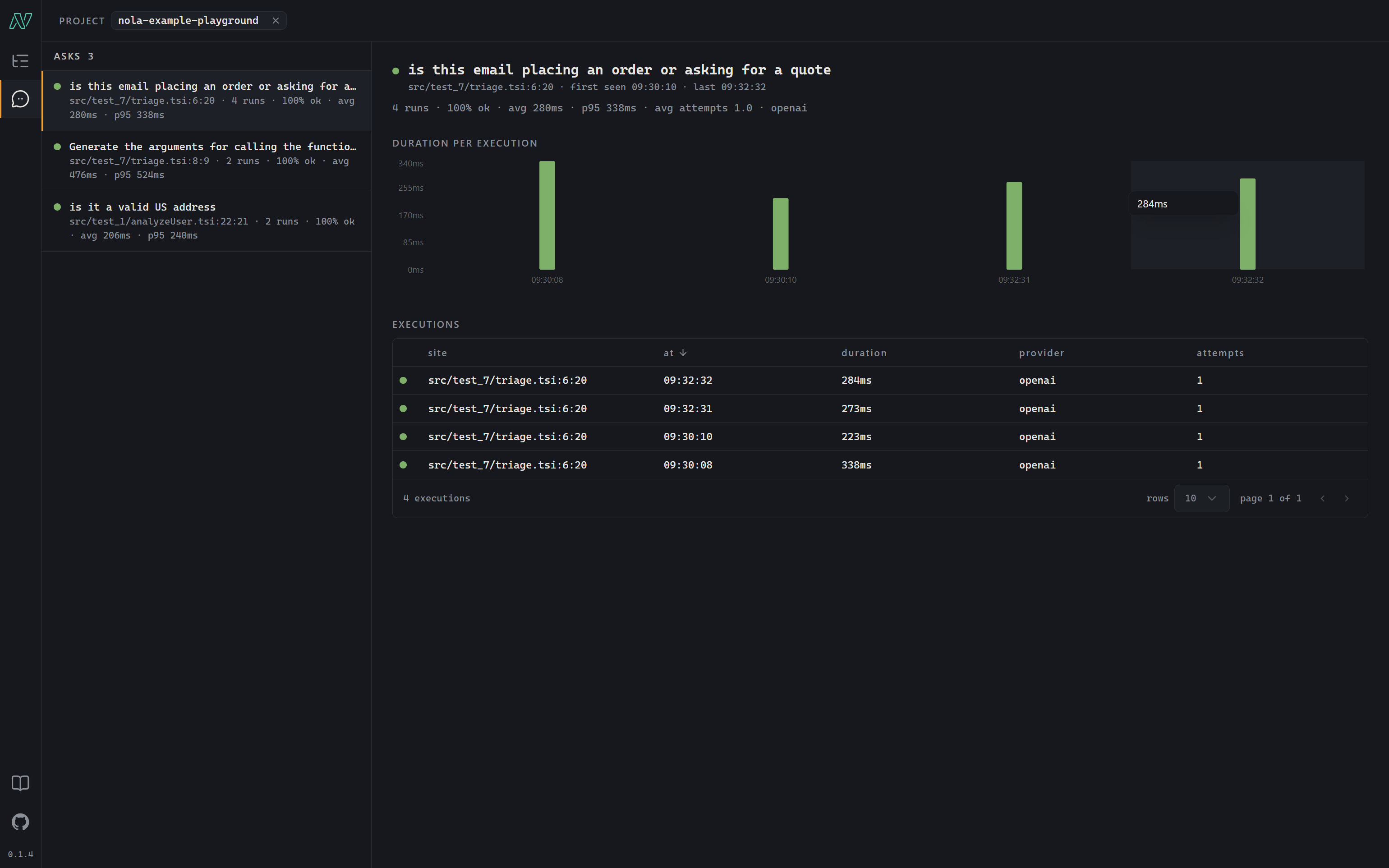 The Nola Console: a list of traces on the left, one trace opened to its asks, and an ask's receipt and timeline on the right